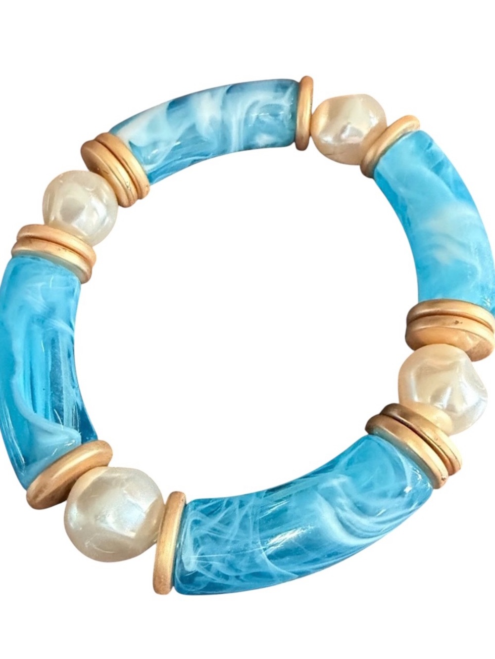 Beaded Stretch Colorblock Bracelet Set, Faux Pearls/Goldtone Accents. Set of 3 - Picture 7 of 10